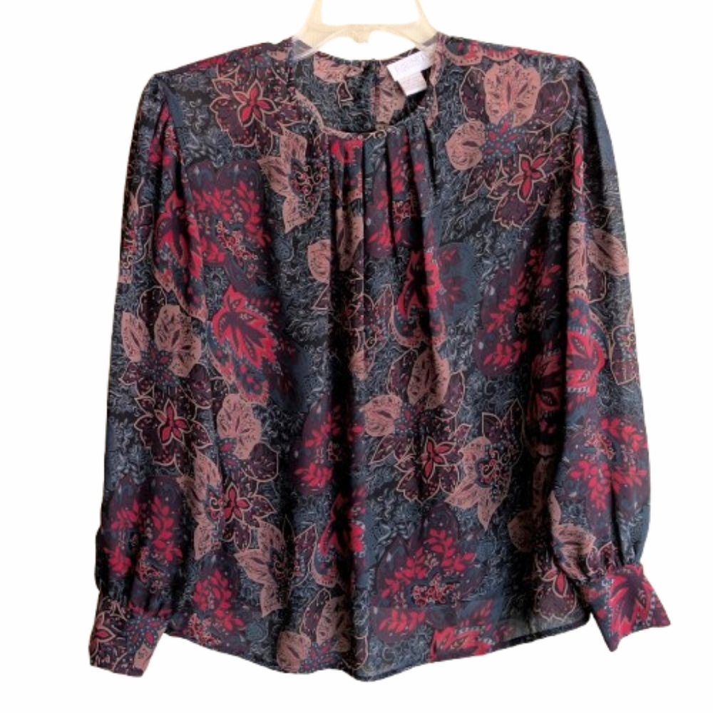 Vintage Justine Todd Petites Chiffon Blouse Multicolor Leaf Print Shoulder Pads